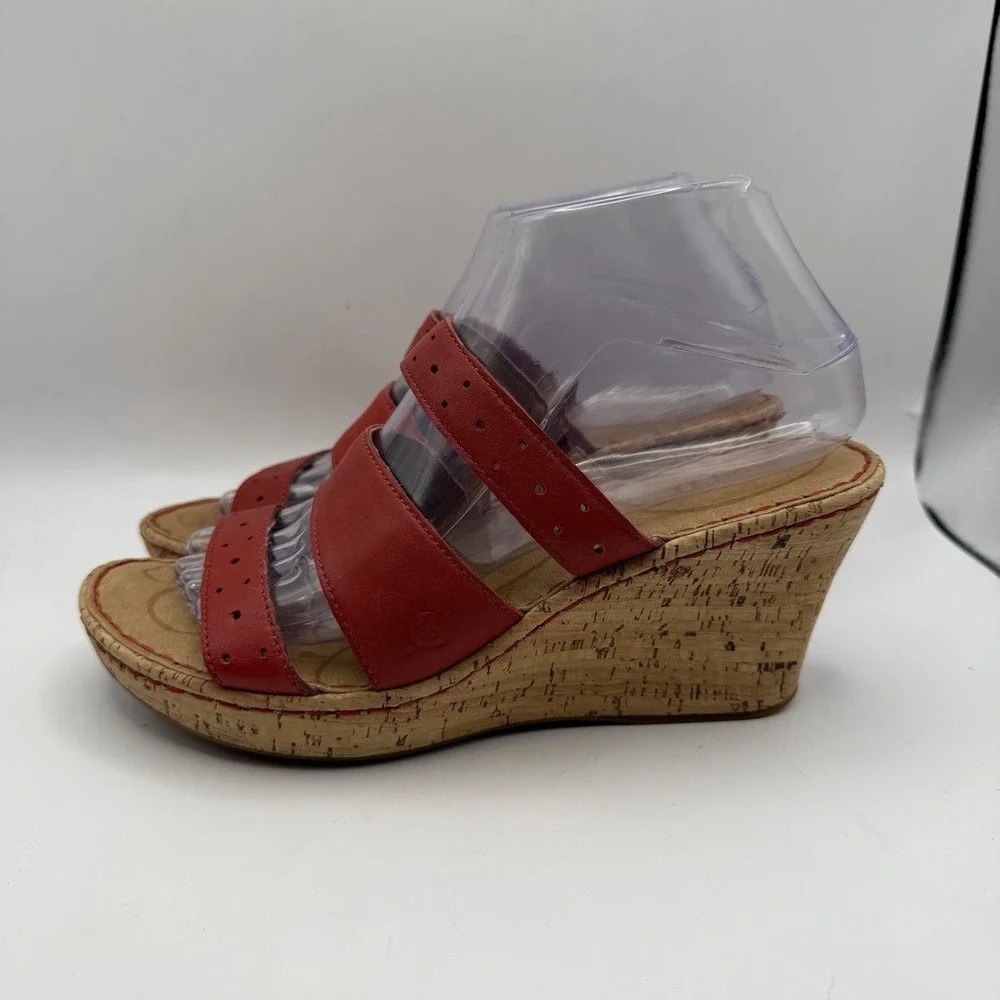 Born Women's Sandal Red Leather US Sz 8 Wedge Slip On Casual Comfort Shoes